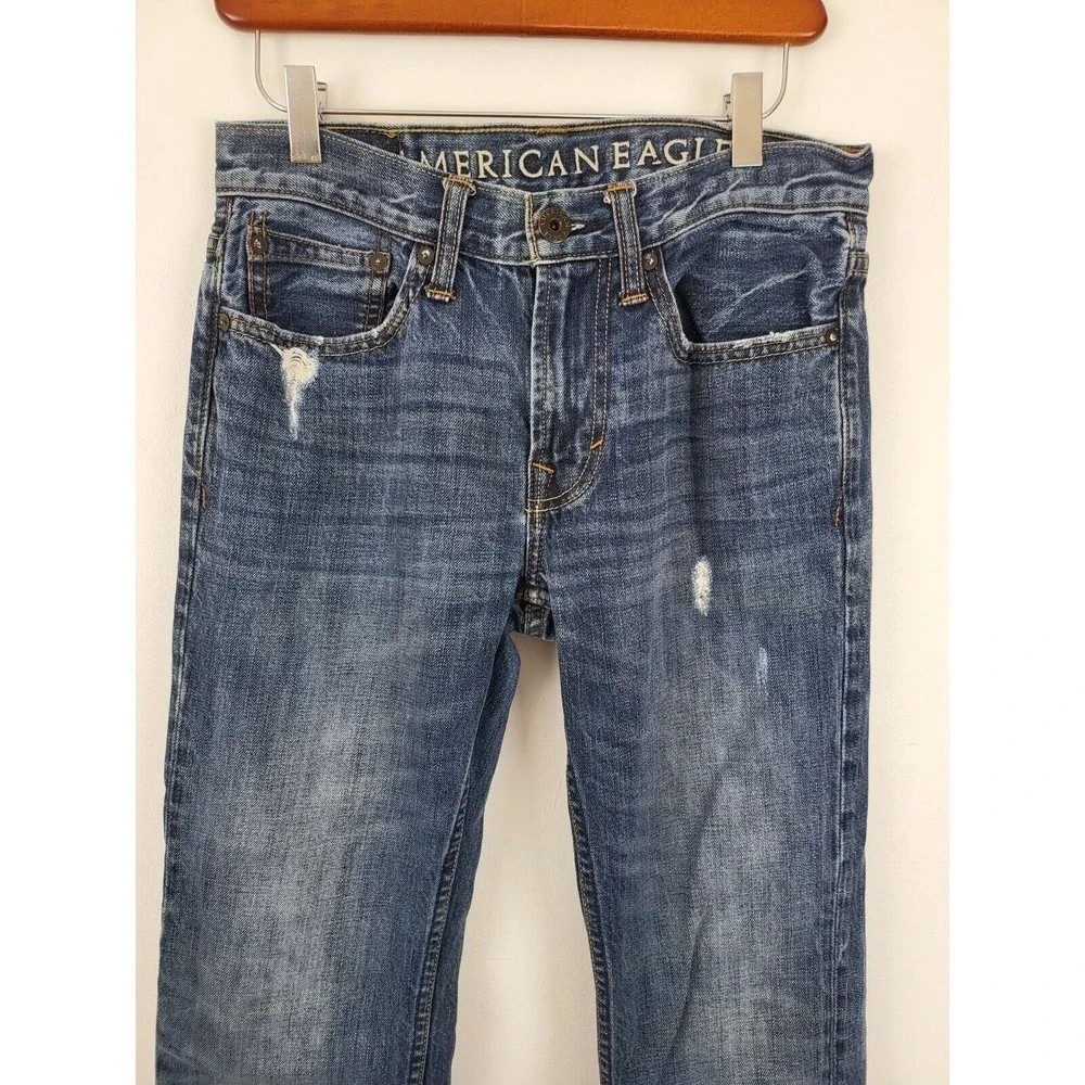 American Eagle Slim Straight Jeans 28/30 Mens High Rise Distressed Medium Wash